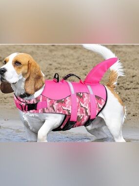 Pink Camo Dog Life Jacket with Handle and shark Fin
